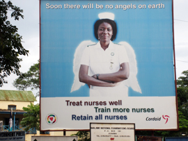 sign along the road in Malawi picturing a nurse with angel wings